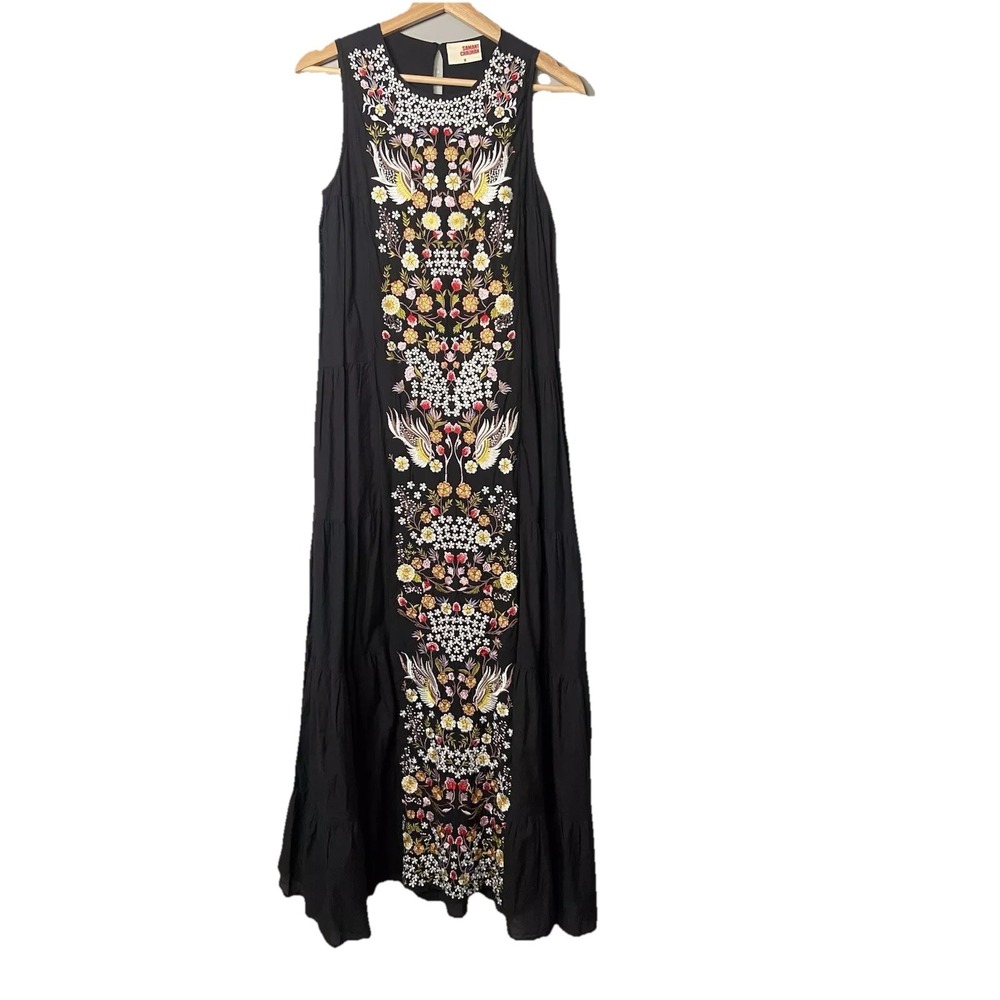 Anthropologie Samant Chauhan Floral Embroidered Tiered Maxi Dress Women's 0 (XS)